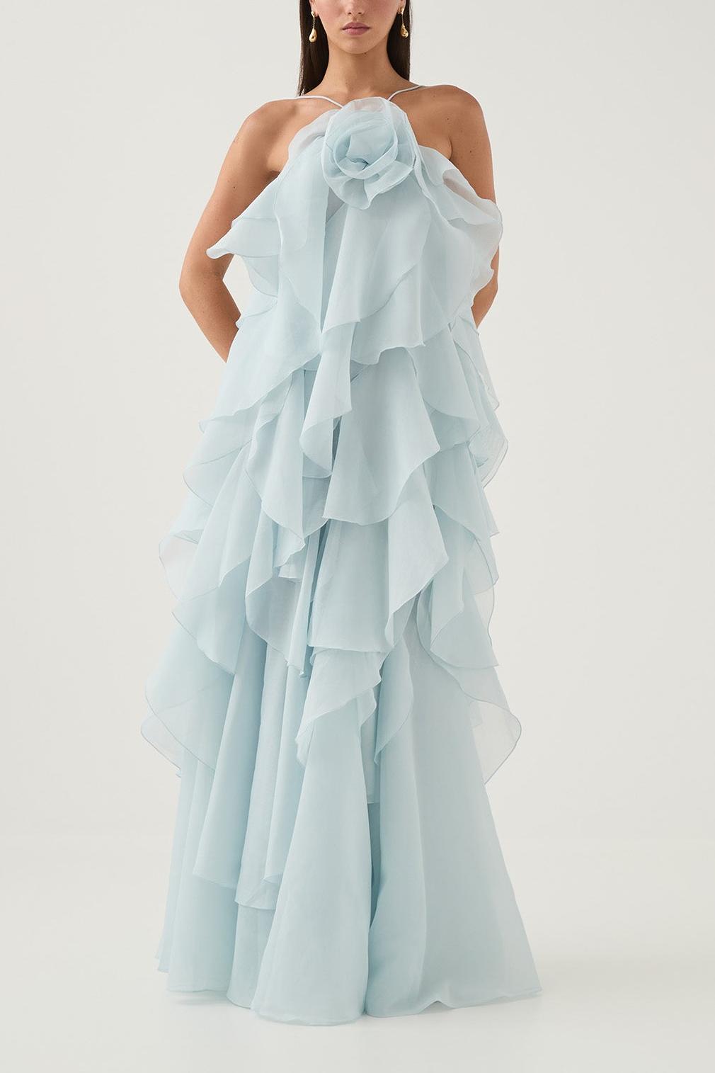 3D Flower Halter Neck Frill Maxi Dress