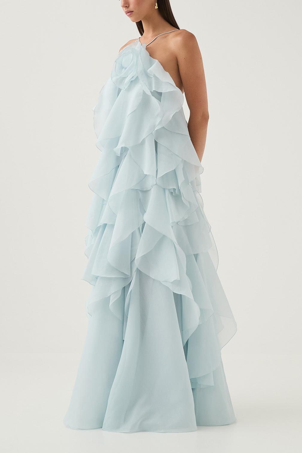 3D Flower Halter Neck Frill Maxi Dress