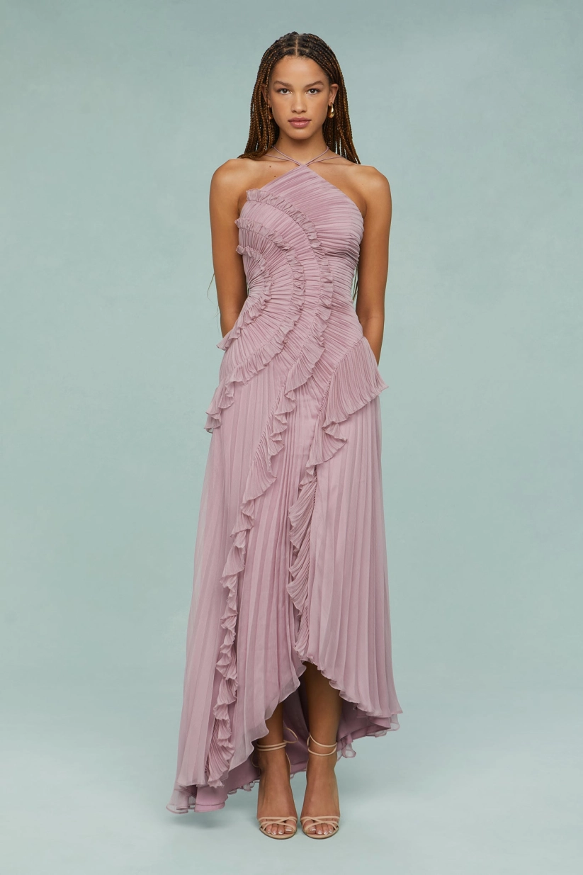Pleated Suspender Long Dress With Slits