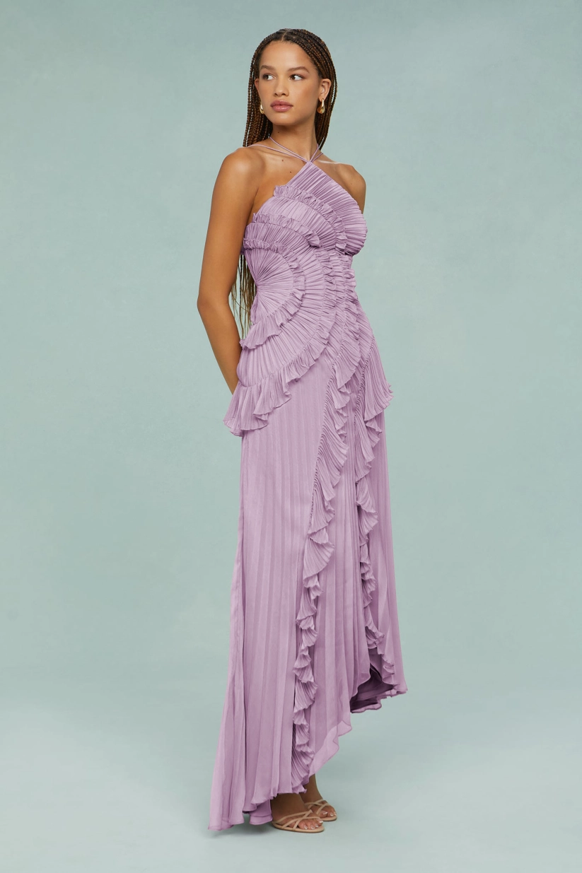 Pleated Suspender Long Dress With Slits