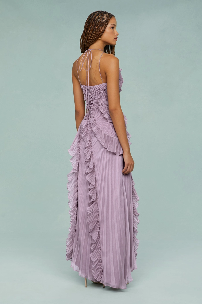 Pleated Suspender Long Dress With Slits