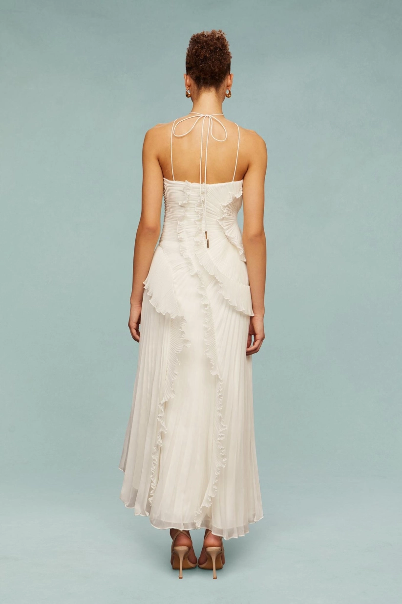 Pleated Suspender Long Dress With Slits