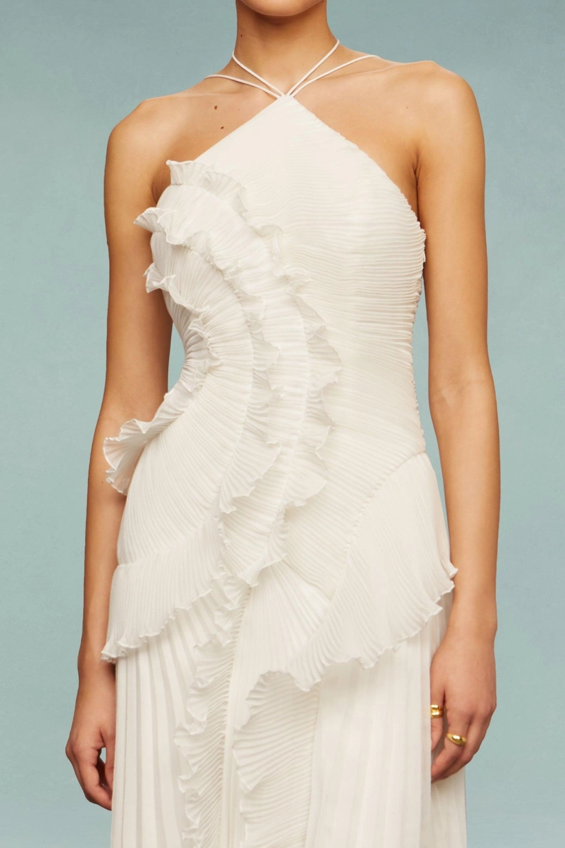 Pleated Suspender Long Dress With Slits