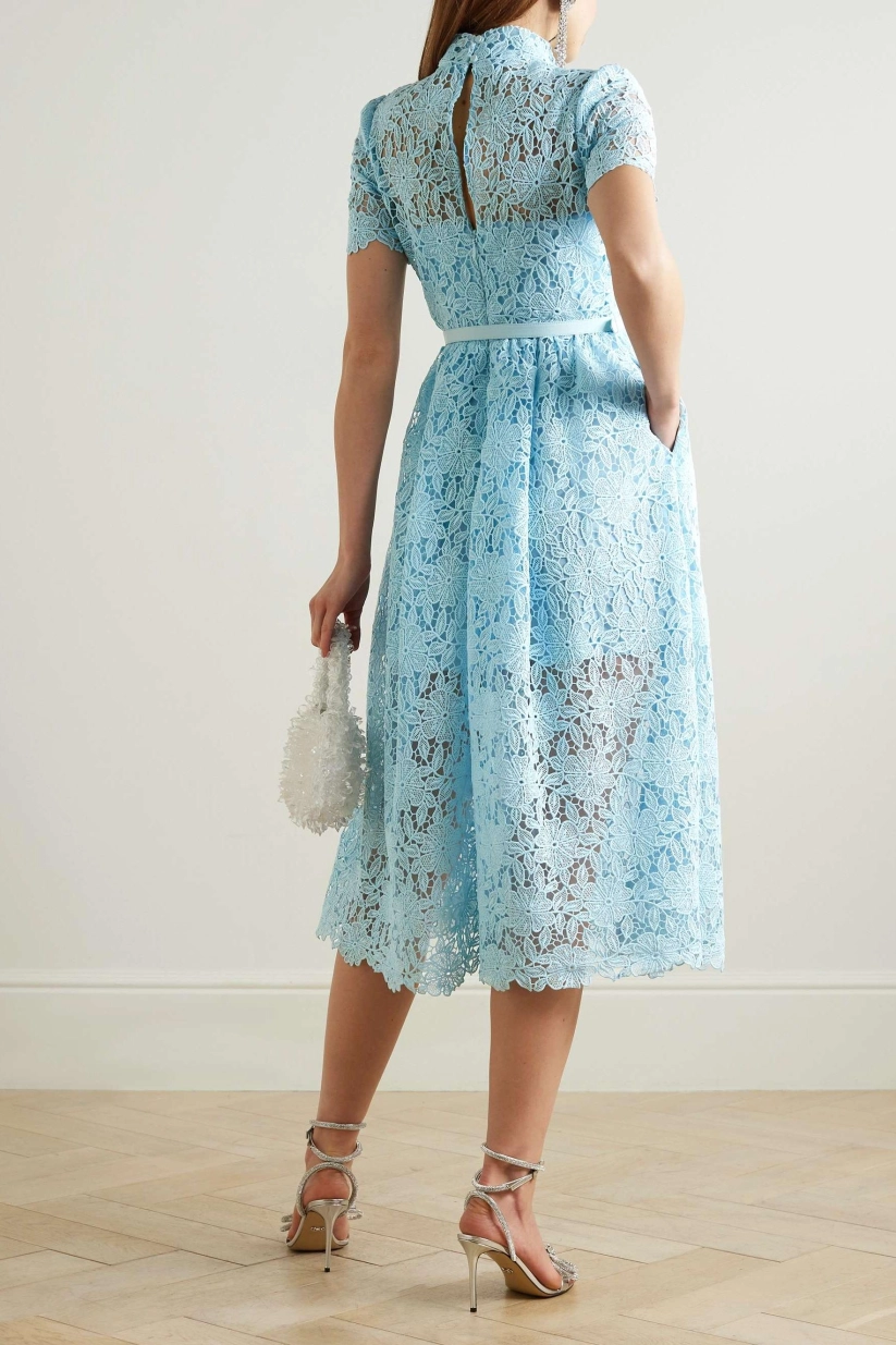Lace High Neck Cut-Out Midi Dress With Belt