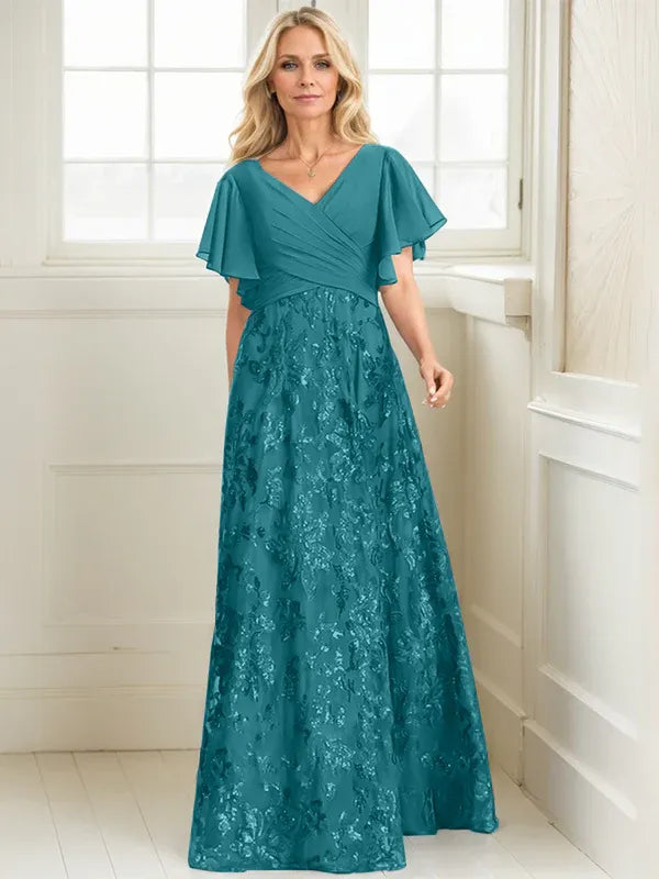 A-line V-Neck Floor-Length Lace Sequin Chiffon Mother of the Bride Dress With Pleated