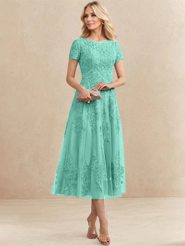 A-line Scoop Tea-Length Tulle Lace Mother of the Bride Dress