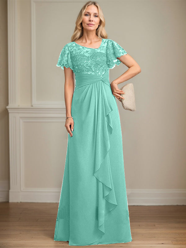 A-line Asymmetrical Illusion Floor-Length Lace Chiffon Mother of the Bride Dress With Cascading Ruffles Sequins