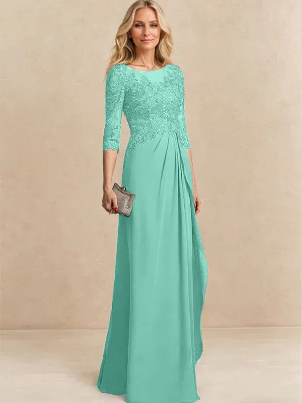 A-line Scoop Illusion Floor-Length Chiffon Lace Mother of the Bride Dress With Beading Sequins Cascading Ruffles