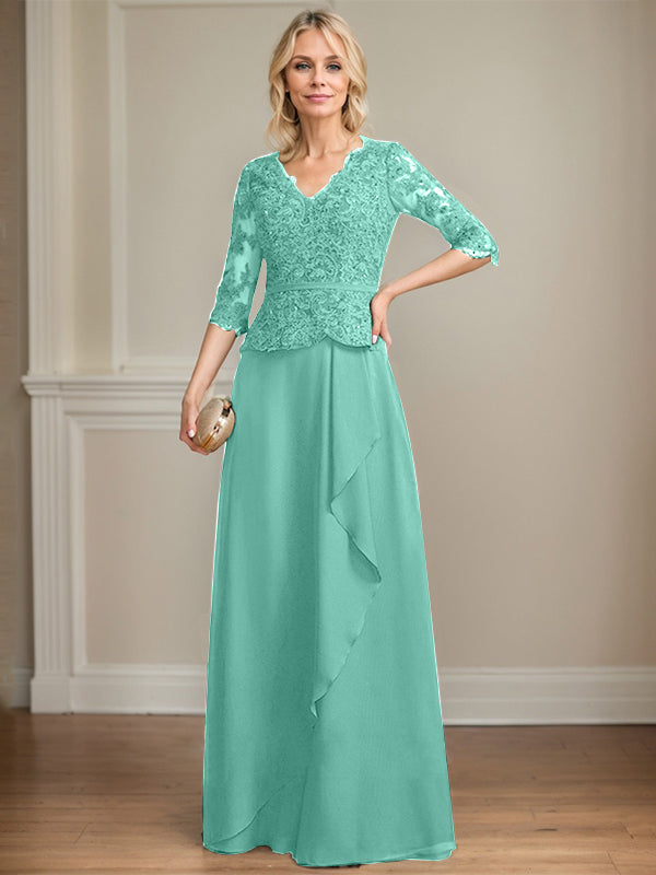 A-line V-Neck Floor-Length Lace Chiffon Mother of the Bride Dress With Cascading Ruffles Sequins
