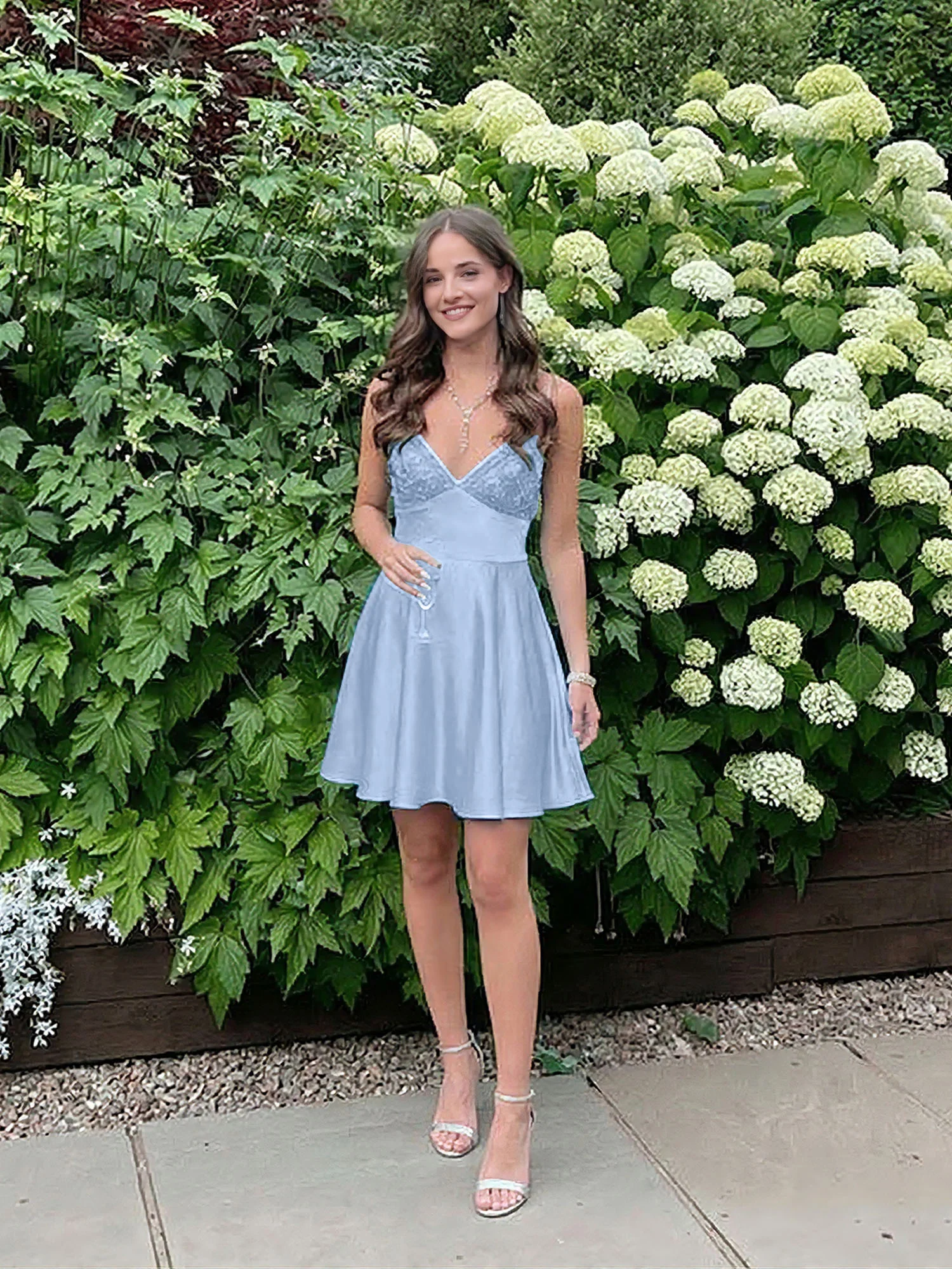 Blue A Line V-neck Beaded Back Tie Short Homecoming Mini Dress