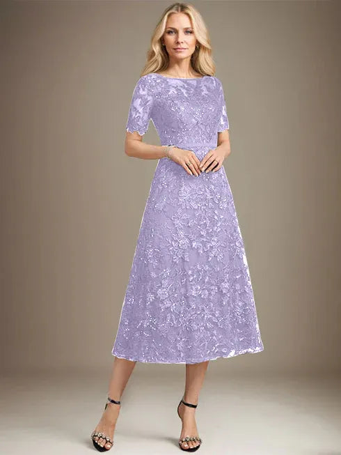 A-line Scoop Illusion Tea-Length Lace Mother of the Bride Dress With Sequins