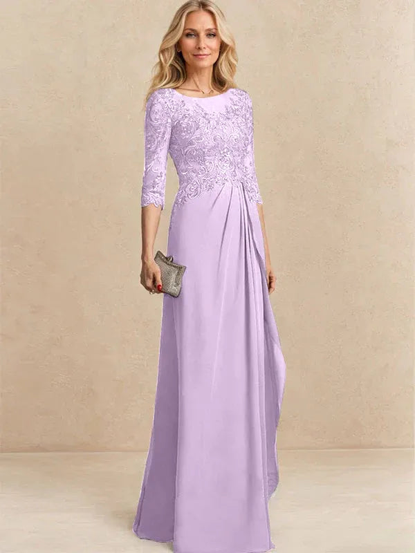 A-line Scoop Illusion Floor-Length Chiffon Lace Mother of the Bride Dress With Beading Sequins Cascading Ruffles