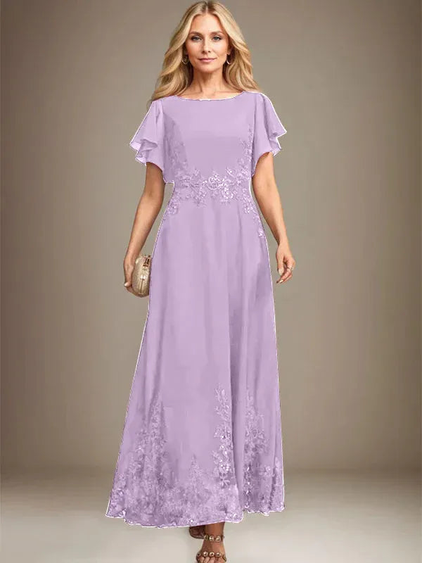 A-line Scoop Ankle-Length Lace Chiffon Mother of the Bride Dress With Sequins