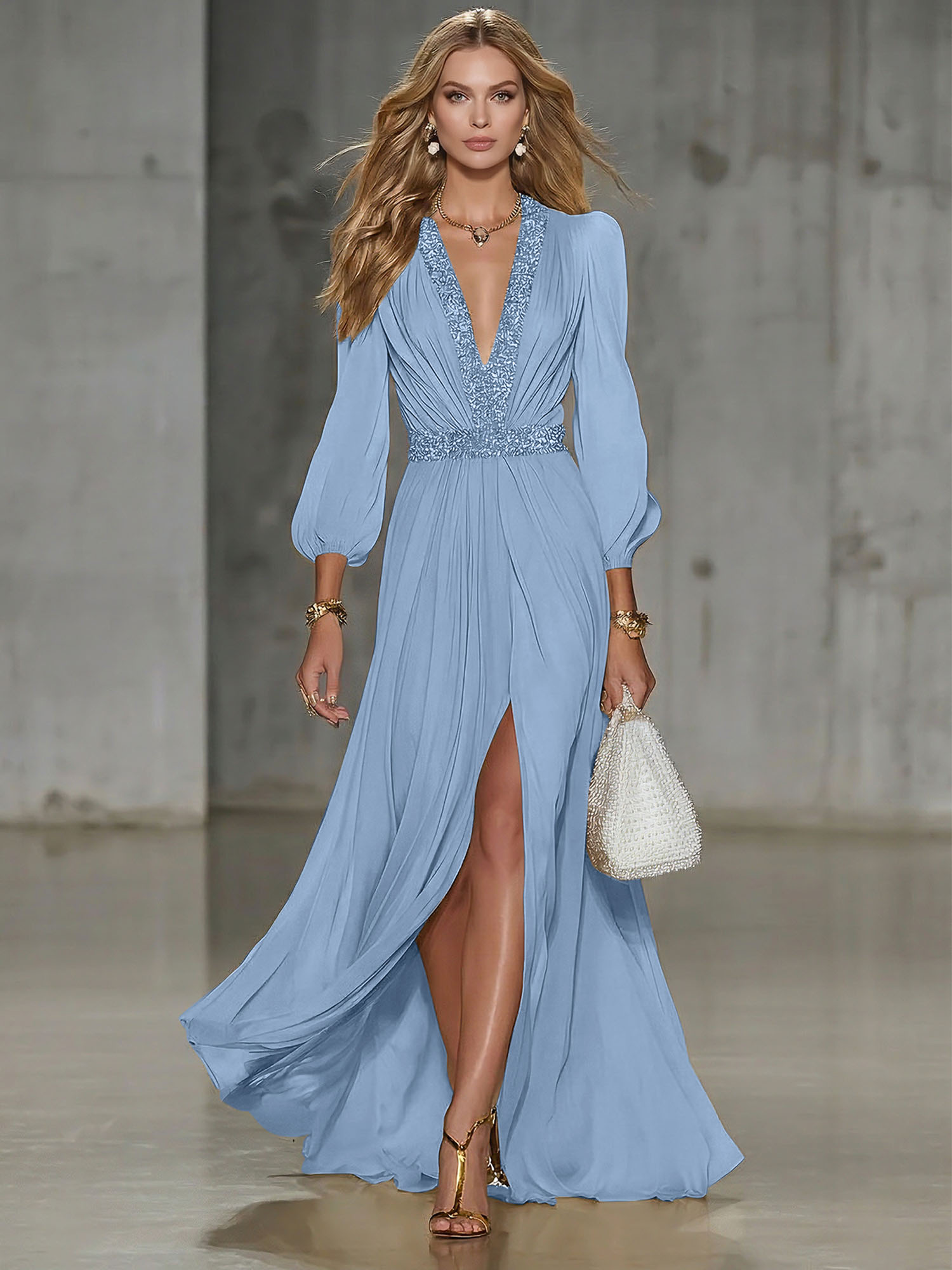 Elegant Beige Chiffon V-neck With Rhinestone Embellishments And A Side Slit Maxi Dress