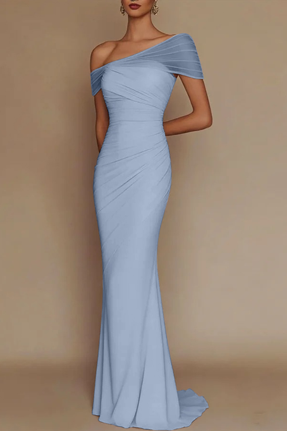 Blush Pink One-Shoulder Mesh-Patched Pleated Mermaid Maxi Dress