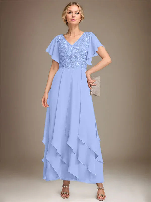A-line V-Neck Ankle-Length Lace Chiffon Mother of the Bride Dress With Cascading Ruffles