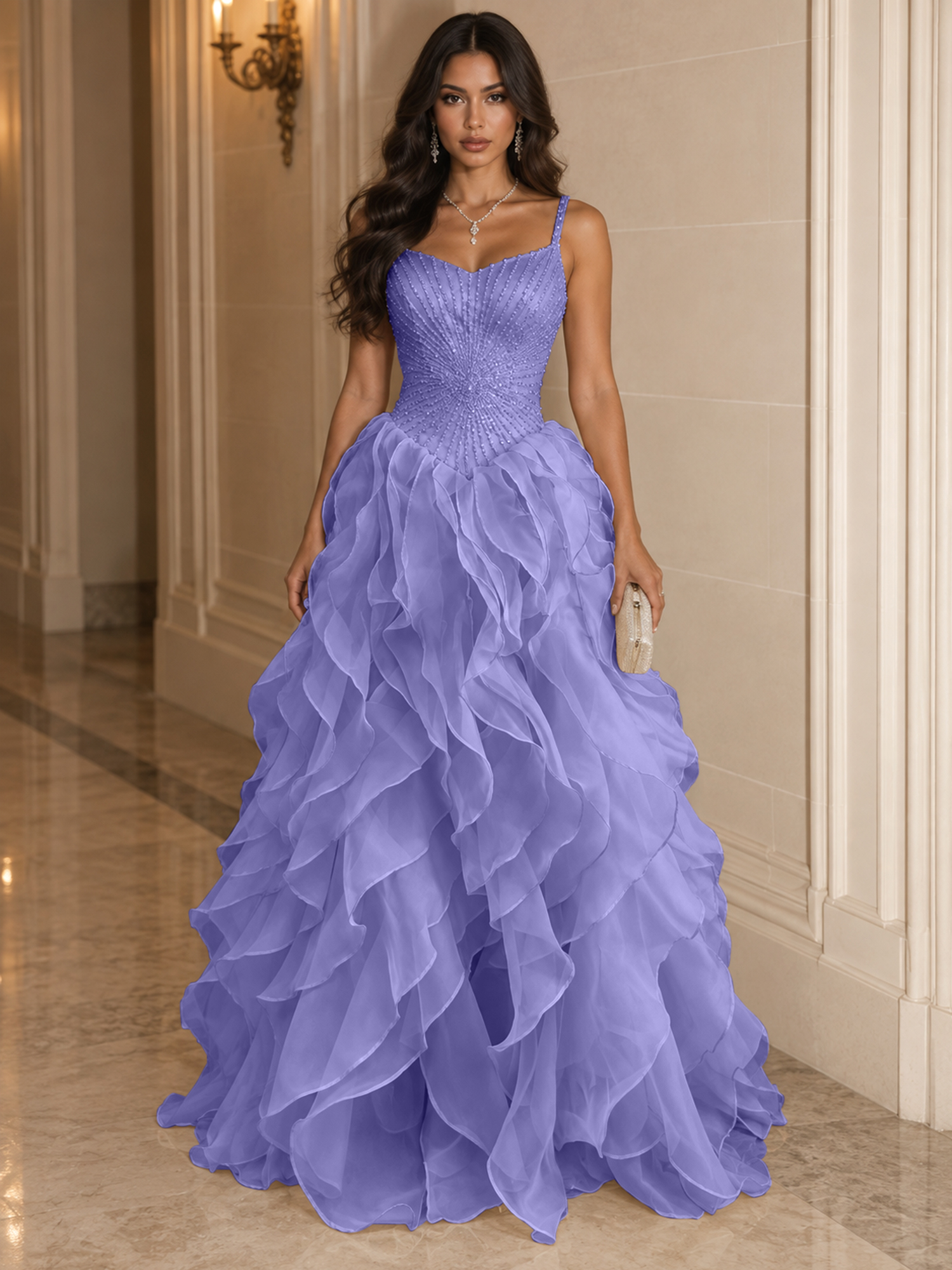 Spaghetti Straps Pleated Luxurious Maxi Evening Dresses with Beadings
