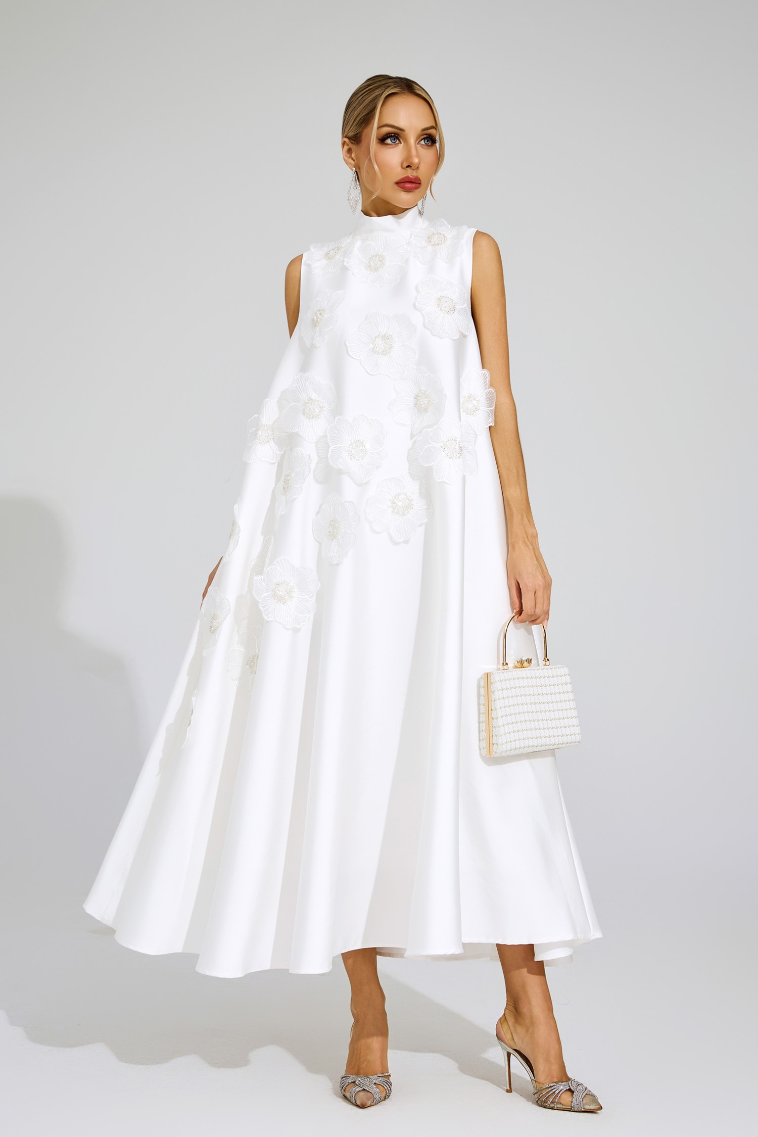  White High Neck Sleeveless 3D Flowers Embroidered Evening Gown