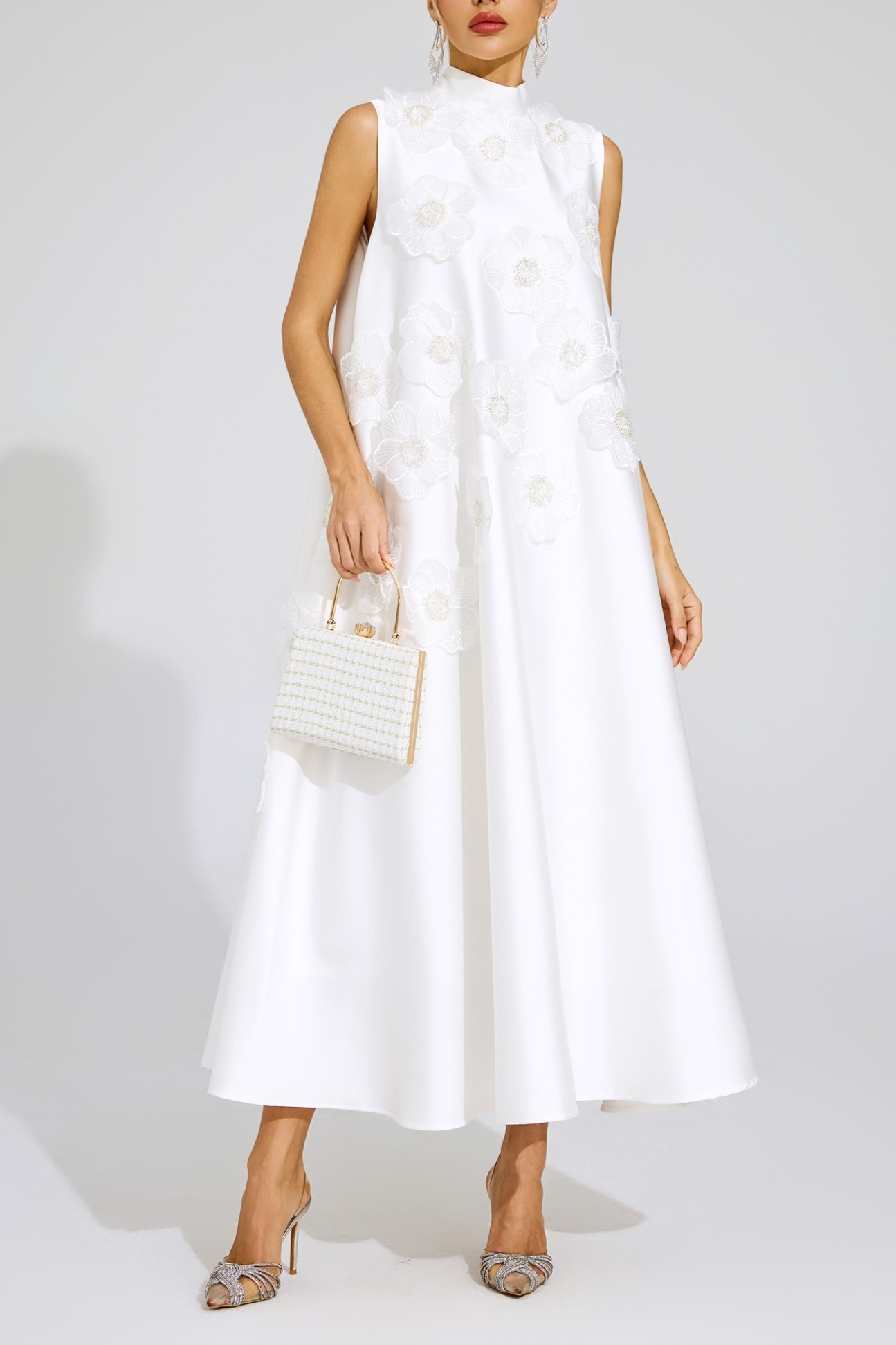  White High Neck Sleeveless 3D Flowers Embroidered Evening Gown