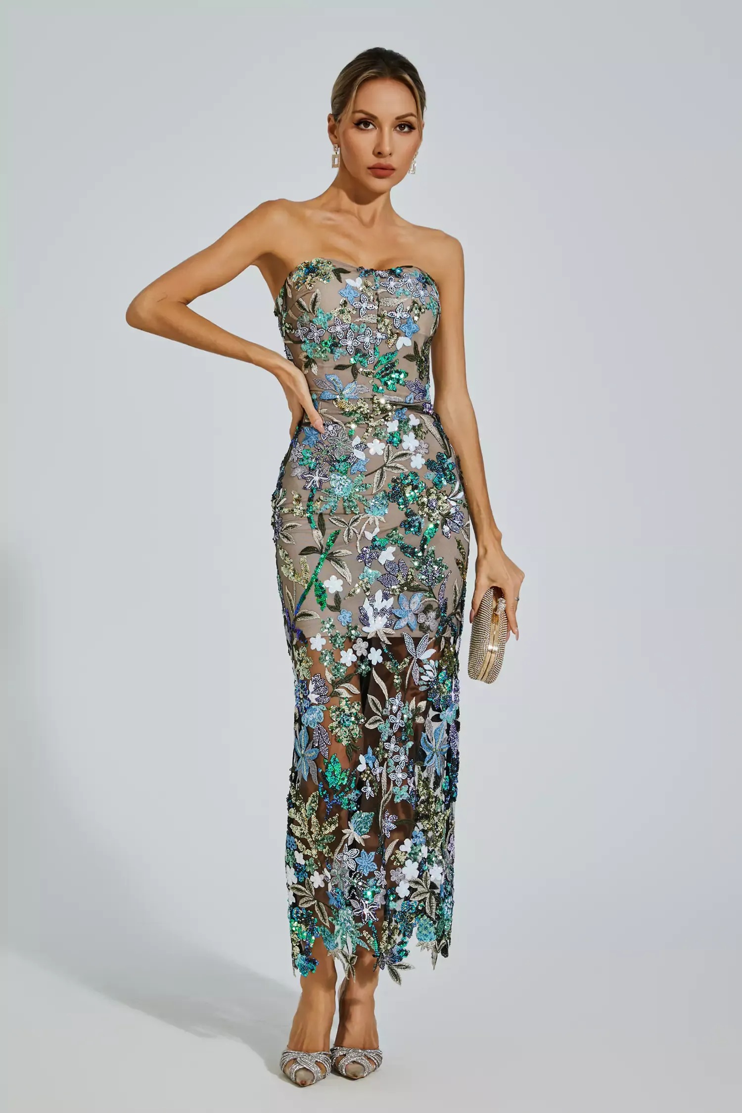 Glamorous Strapless Bodycon Evening Dress with 3D Floral Embroidery