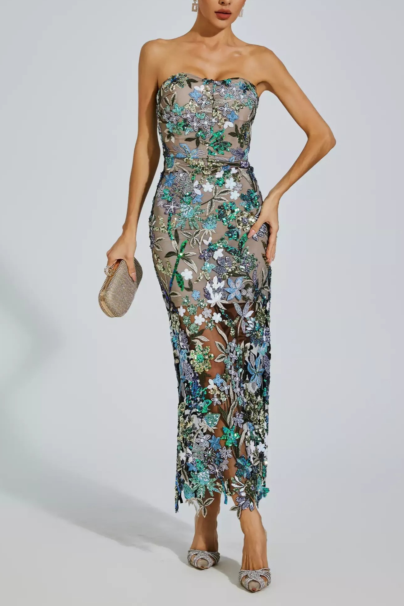 Glamorous Strapless Bodycon Evening Dress with 3D Floral Embroidery
