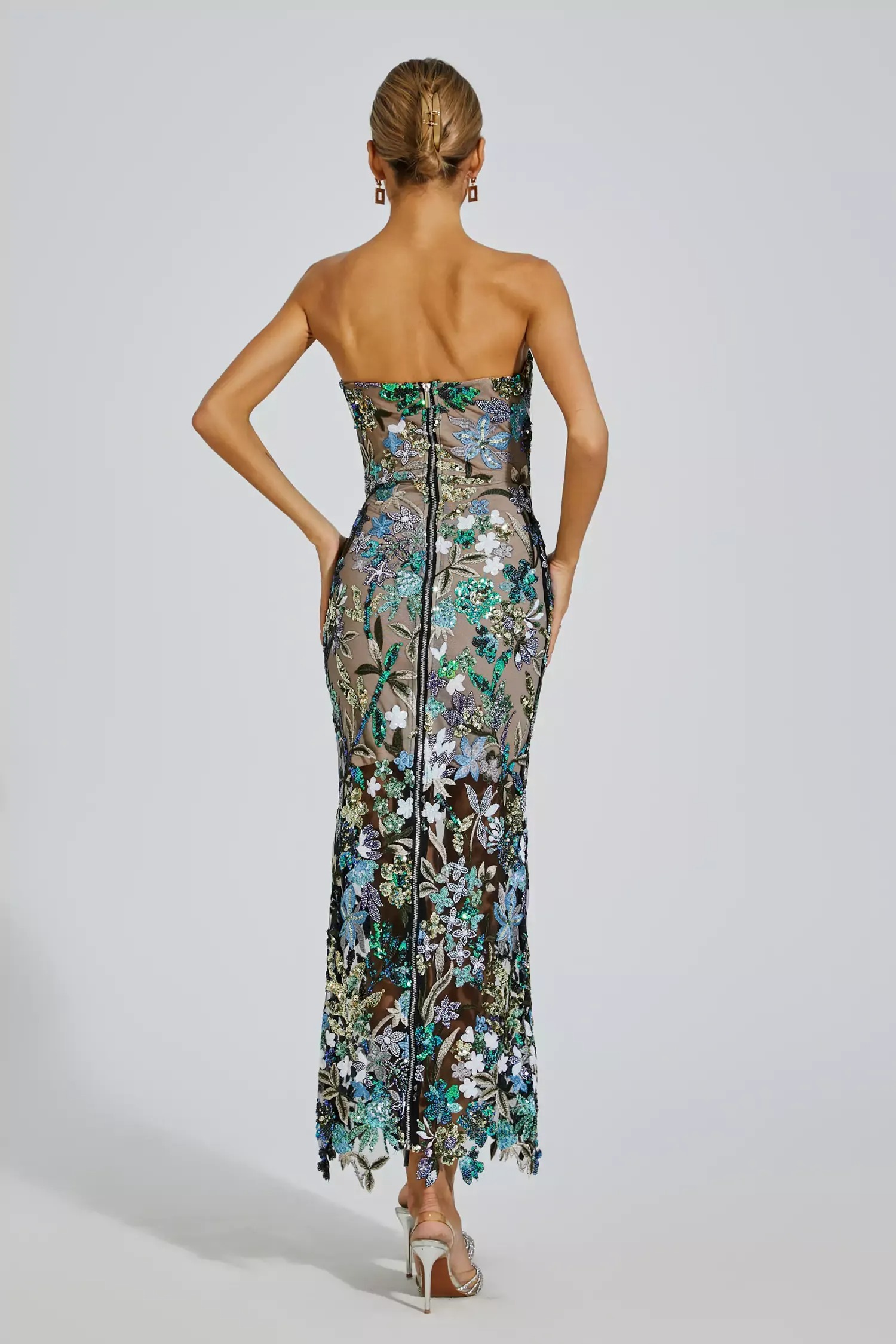 Glamorous Strapless Bodycon Evening Dress with 3D Floral Embroidery