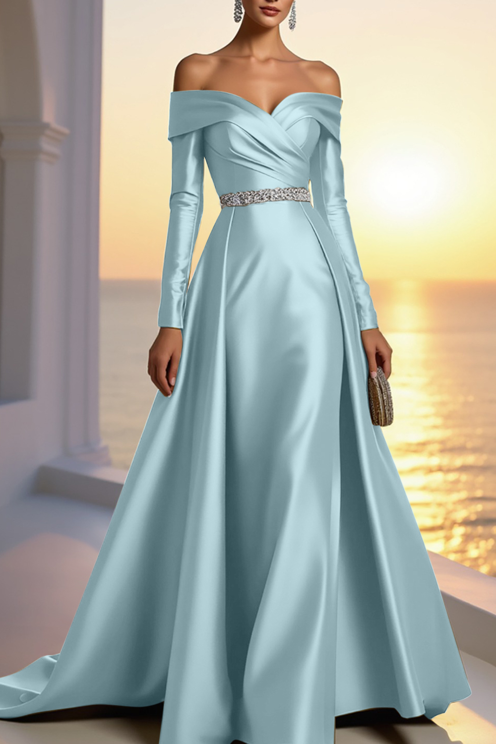 Formal Champagne Satin Dress Off The Shoulder Long Sleeve Maxi Gown