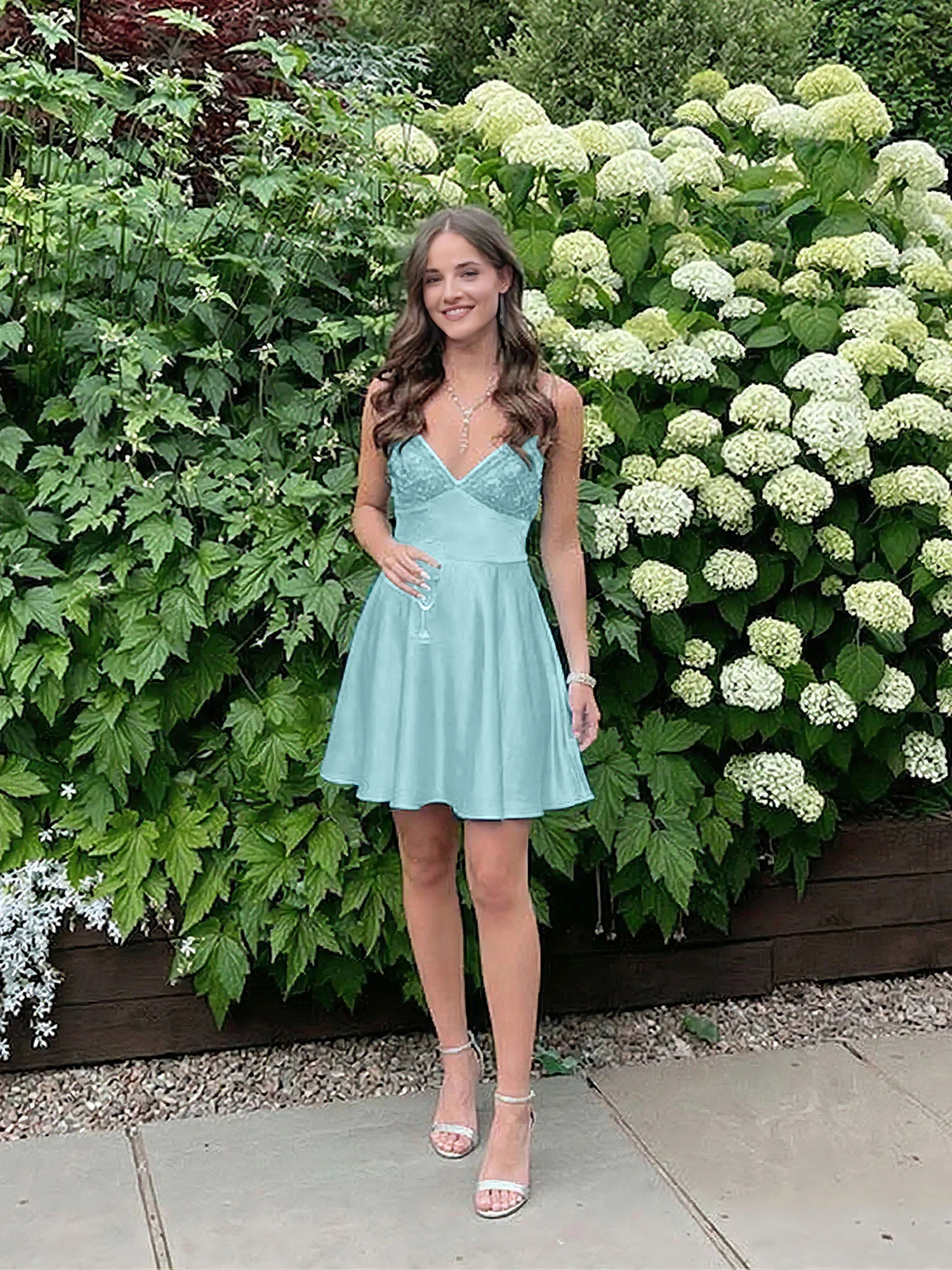 Blue A Line V-neck Beaded Back Tie Short Homecoming Mini Dress