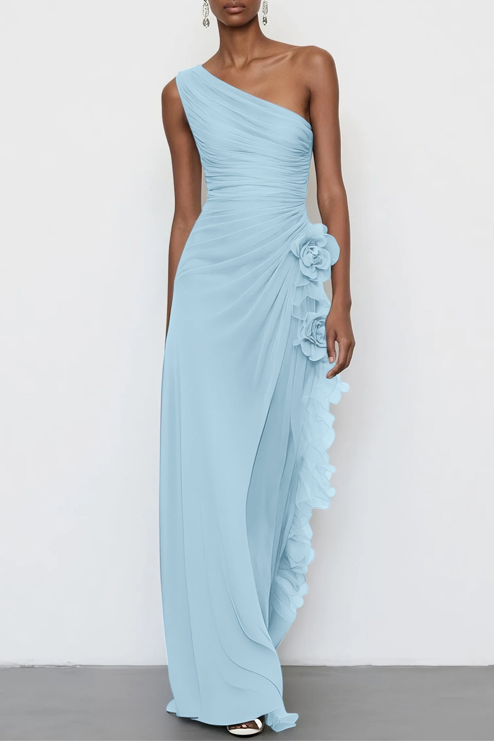 3D Floral Chiffon One Shoulder Sleeveless Sheath Maxi Dress