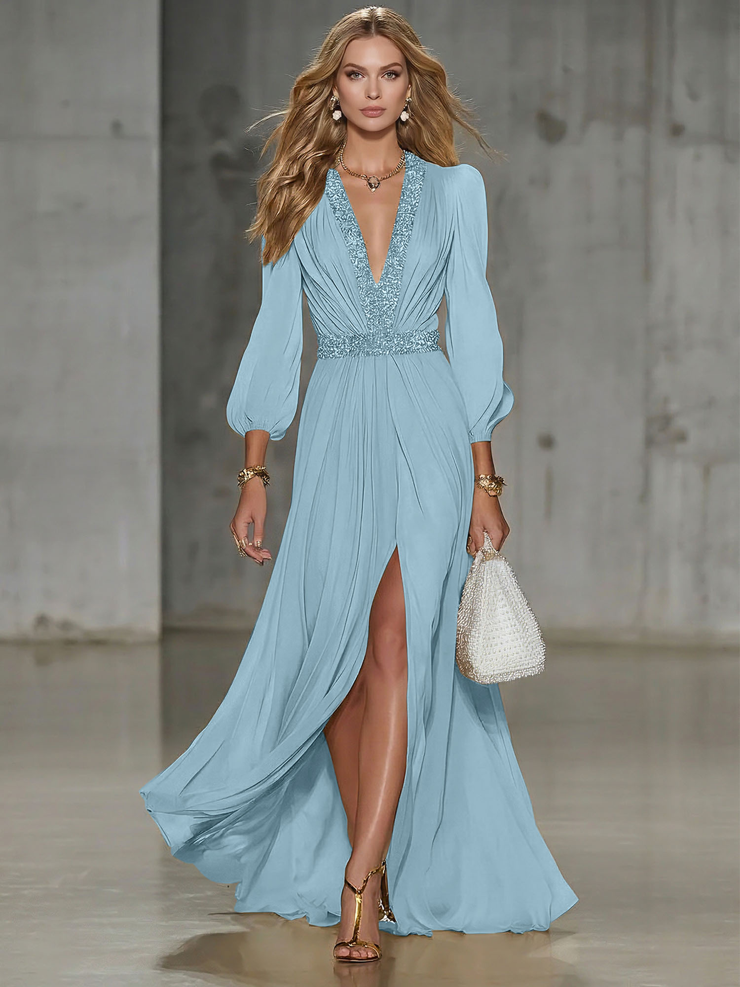 Elegant Beige Chiffon V-neck With Rhinestone Embellishments And A Side Slit Maxi Dress