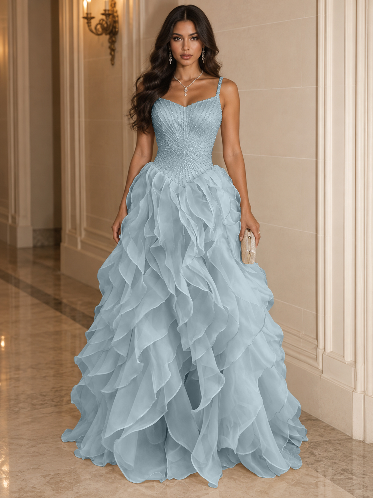 Spaghetti Straps Pleated Luxurious Maxi Evening Dresses with Beadings