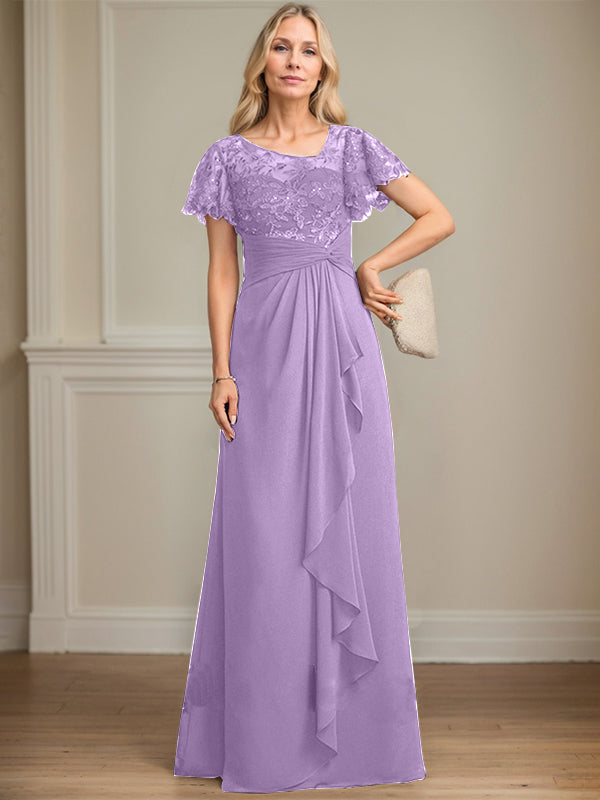 A-line Asymmetrical Illusion Floor-Length Lace Chiffon Mother of the Bride Dress With Cascading Ruffles Sequins