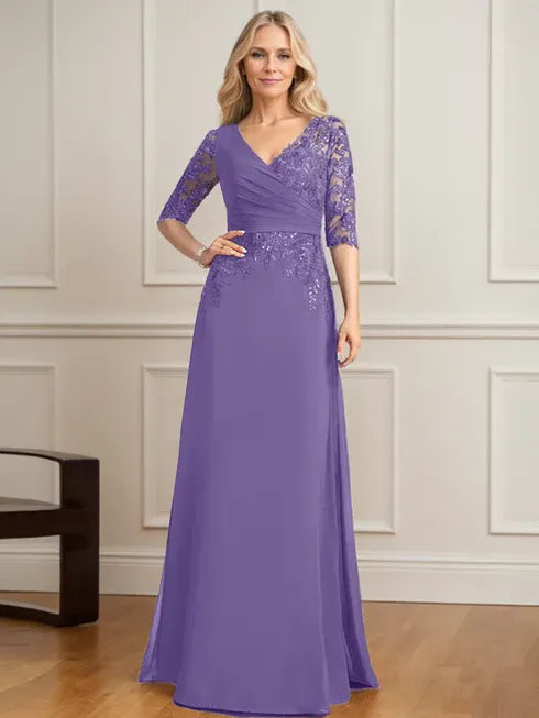 A-line V-Neck Floor-Length Lace Chiffon Mother of the Bride Dress With Pleated Sequins