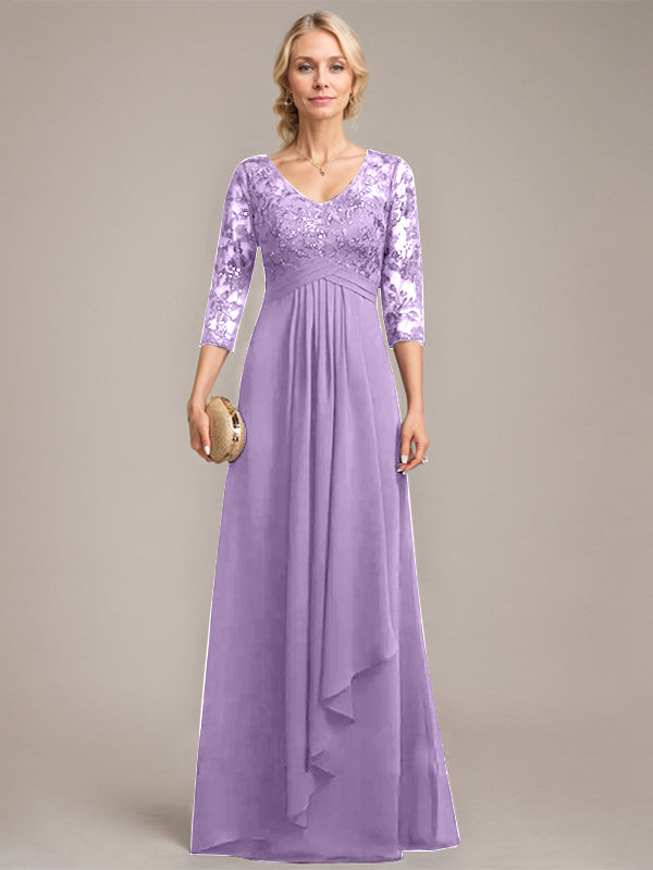 A-line V-Neck Floor-Length Lace Chiffon Mother of the Bride Dress With Cascading Ruffles Sequins