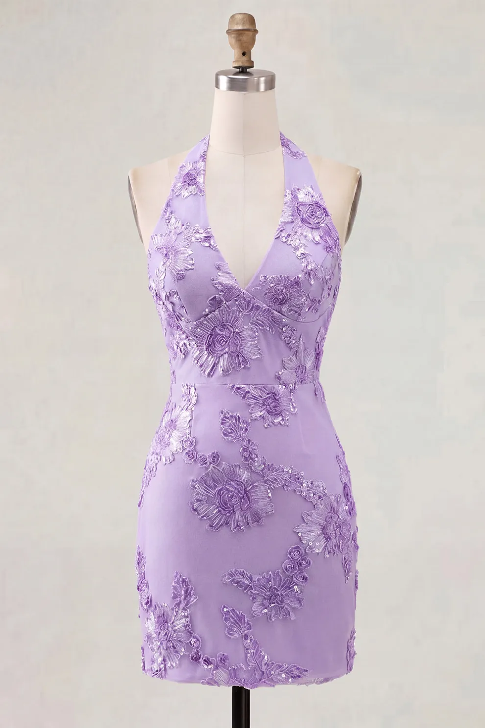 Light Blue Floral Bodycon Halter Neck Short Homecoming Dress