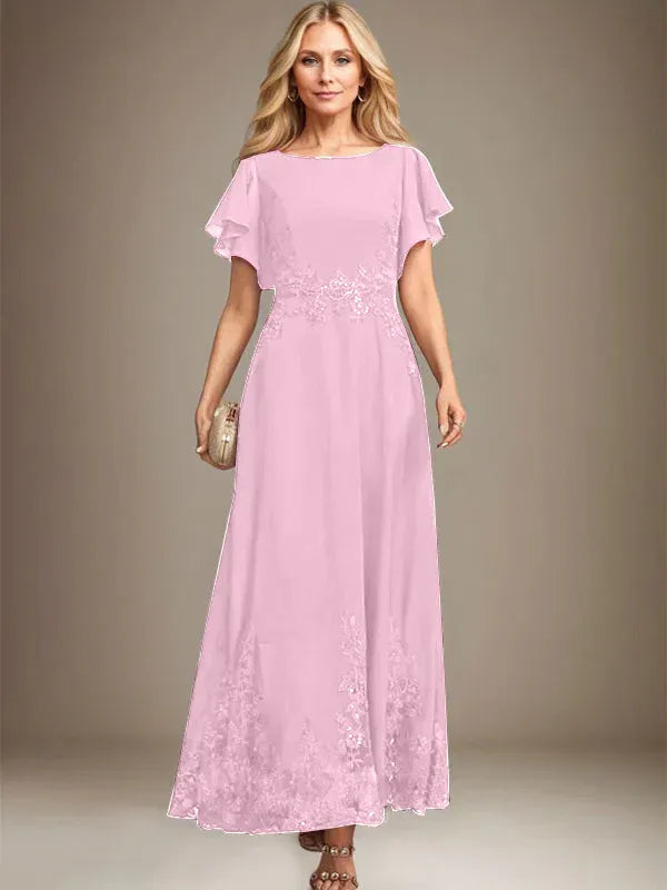 A-line Scoop Ankle-Length Lace Chiffon Mother of the Bride Dress With Sequins