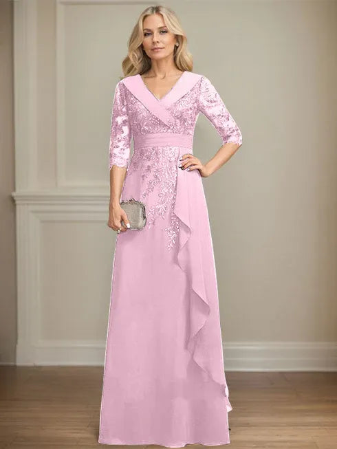 A-line Collared V-Neck Floor-Length Lace Chiffon Mother of the Bride Dress With Sequins Cascading Ruffles