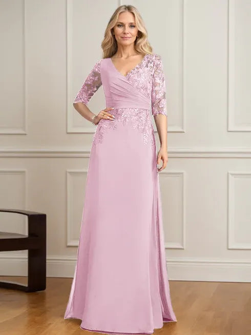 A-line V-Neck Floor-Length Lace Chiffon Mother of the Bride Dress With Pleated Sequins
