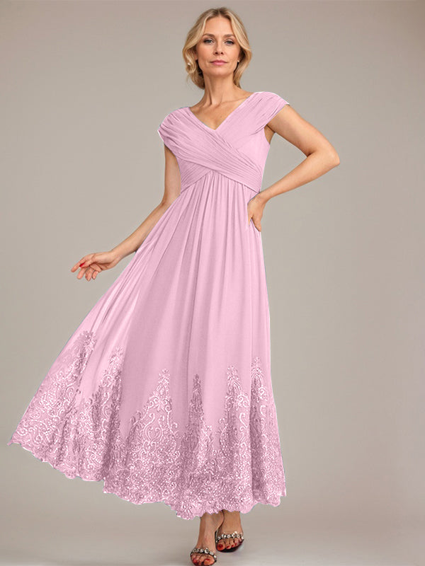 A-line V-Neck Ankle-Length Chiffon Mother of the Bride Dress With Applique Sequins