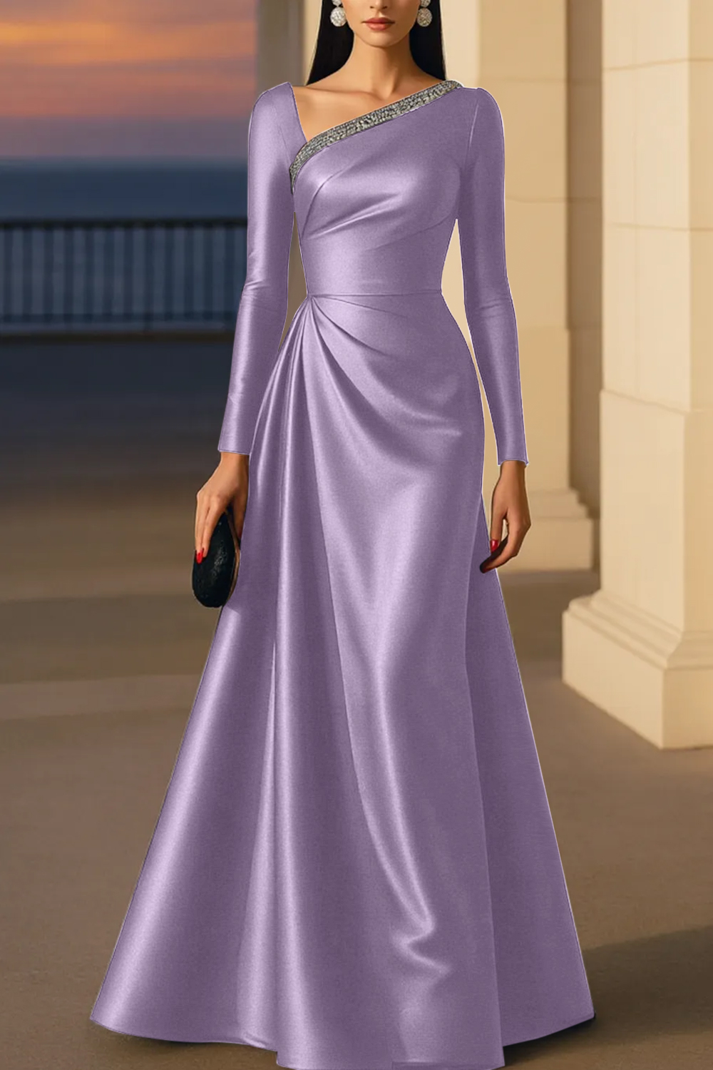 Evening Formal Burgundy Dress Asymmetrical Neck Long Sleeve Maxi Gown