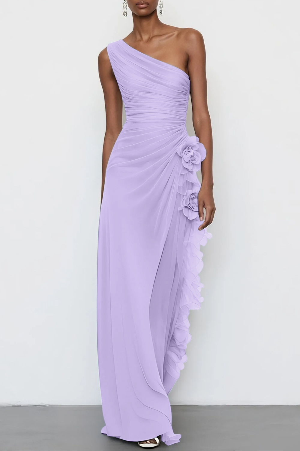 3D Floral Chiffon One Shoulder Sleeveless Sheath Maxi Dress