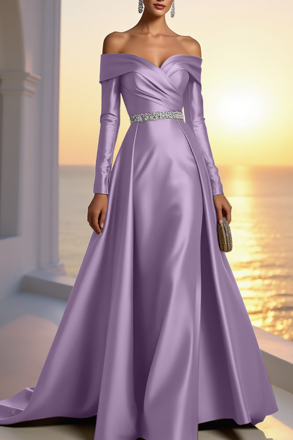 Formal Champagne Satin Dress Off The Shoulder Long Sleeve Maxi Gown