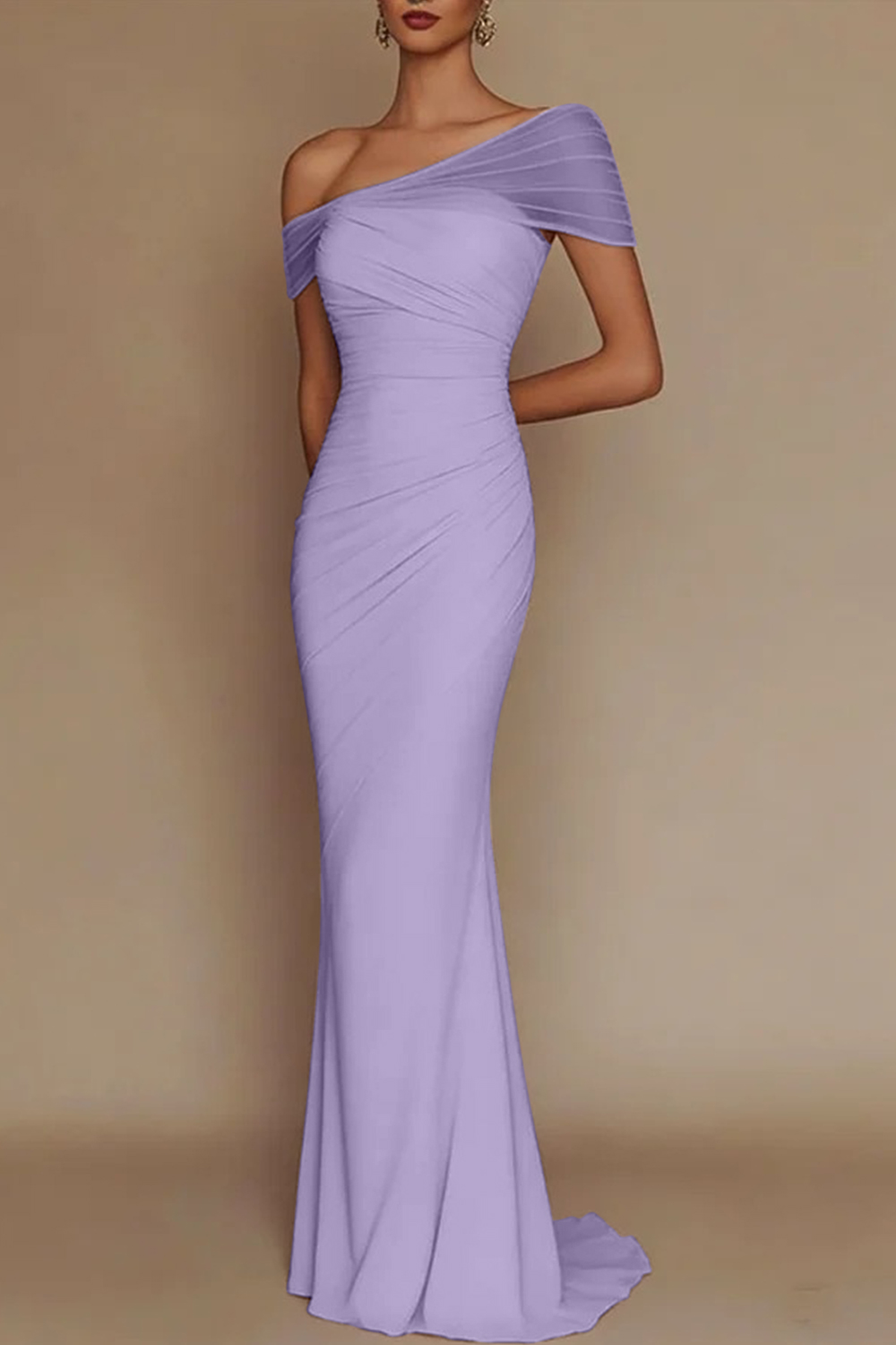 Blush Pink One-Shoulder Mesh-Patched Pleated Mermaid Maxi Dress