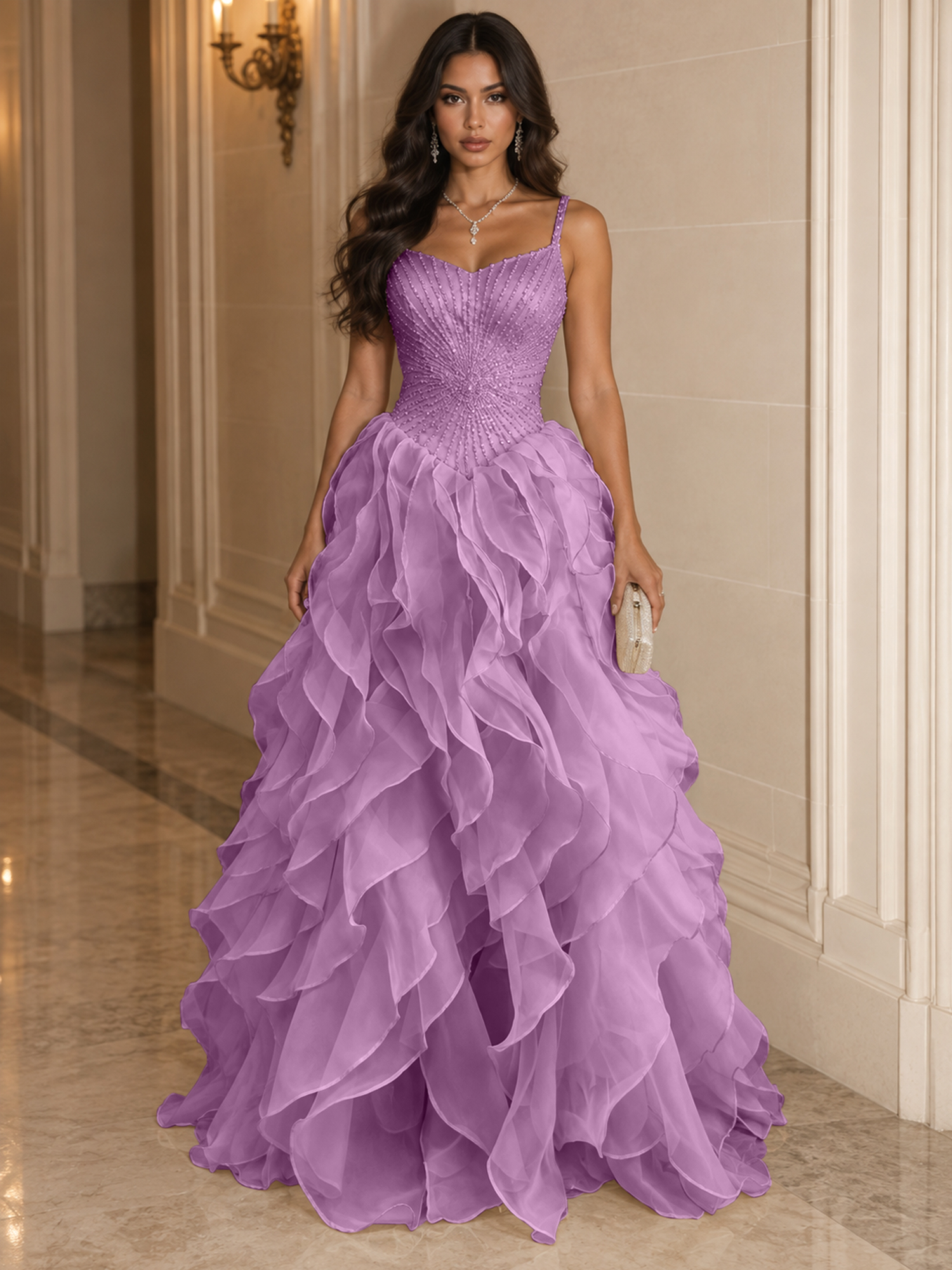 Spaghetti Straps Pleated Luxurious Maxi Evening Dresses with Beadings