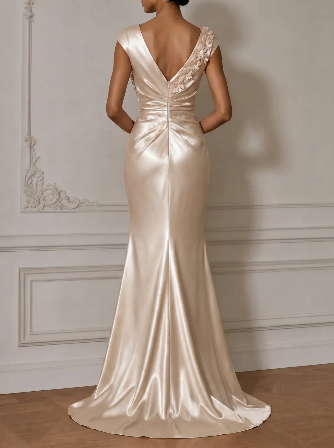 Champagne Satin Cap Sleeve 3D Floral Embellished Mermaid Gown