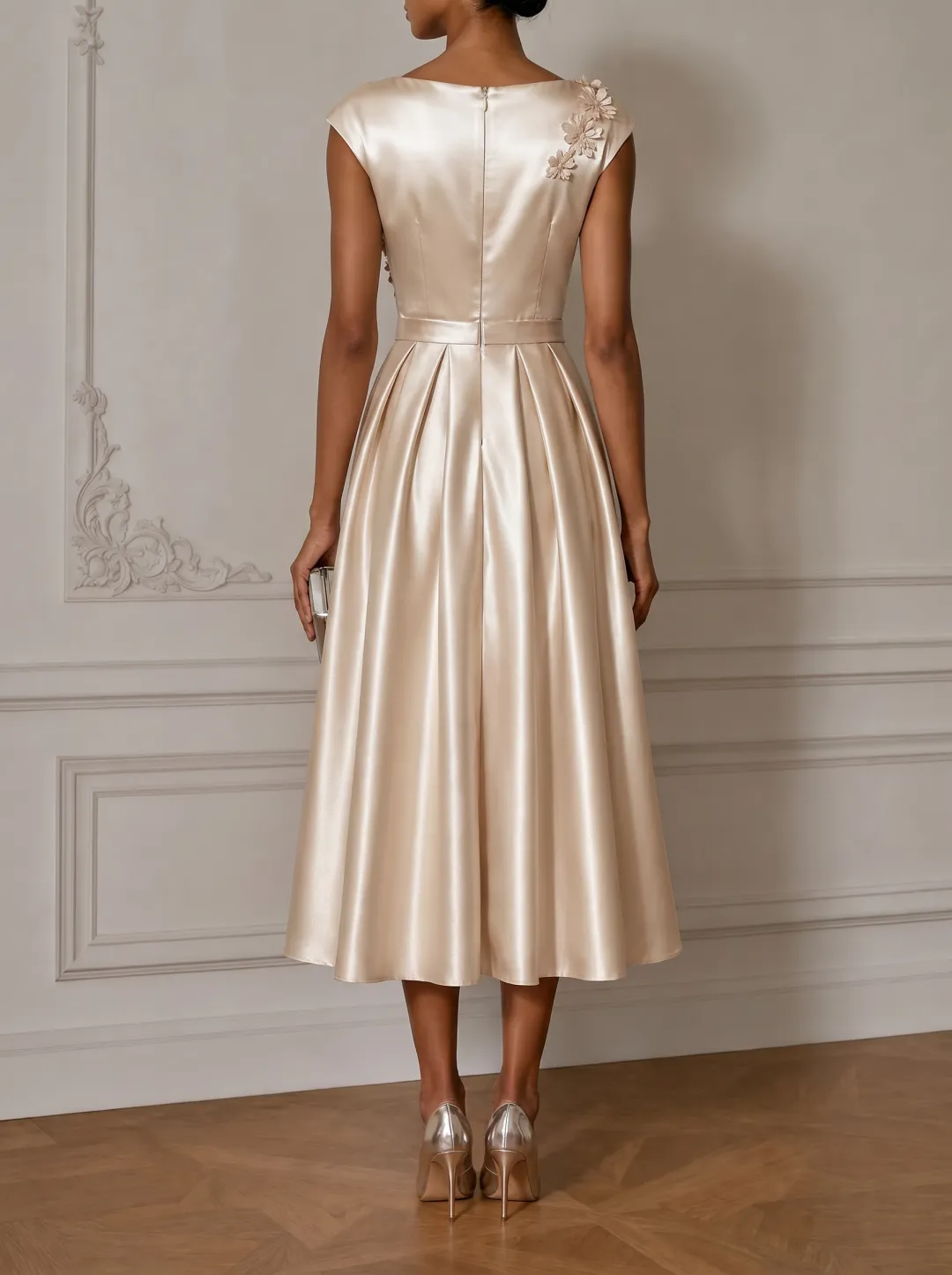 Champagne Satin Cap Sleeve 3D Floral Embellished A-Line Midi Dress