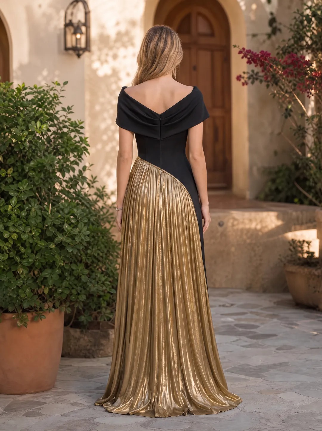 Black and Gold Off-The-Shoulder Draped Split Sheath Floor-Length Gown Dress