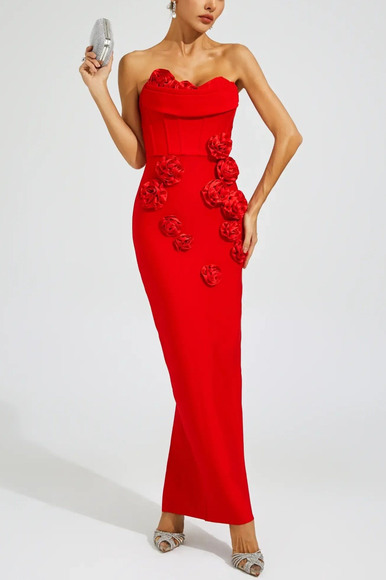 Red Strapless Sheath Gown with 3D Flower Appliques