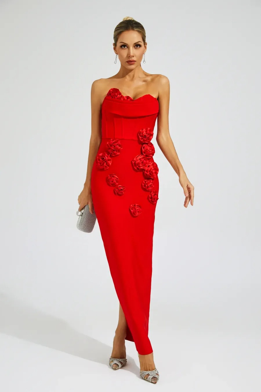 Red Strapless Sheath Gown with 3D Flower Appliques