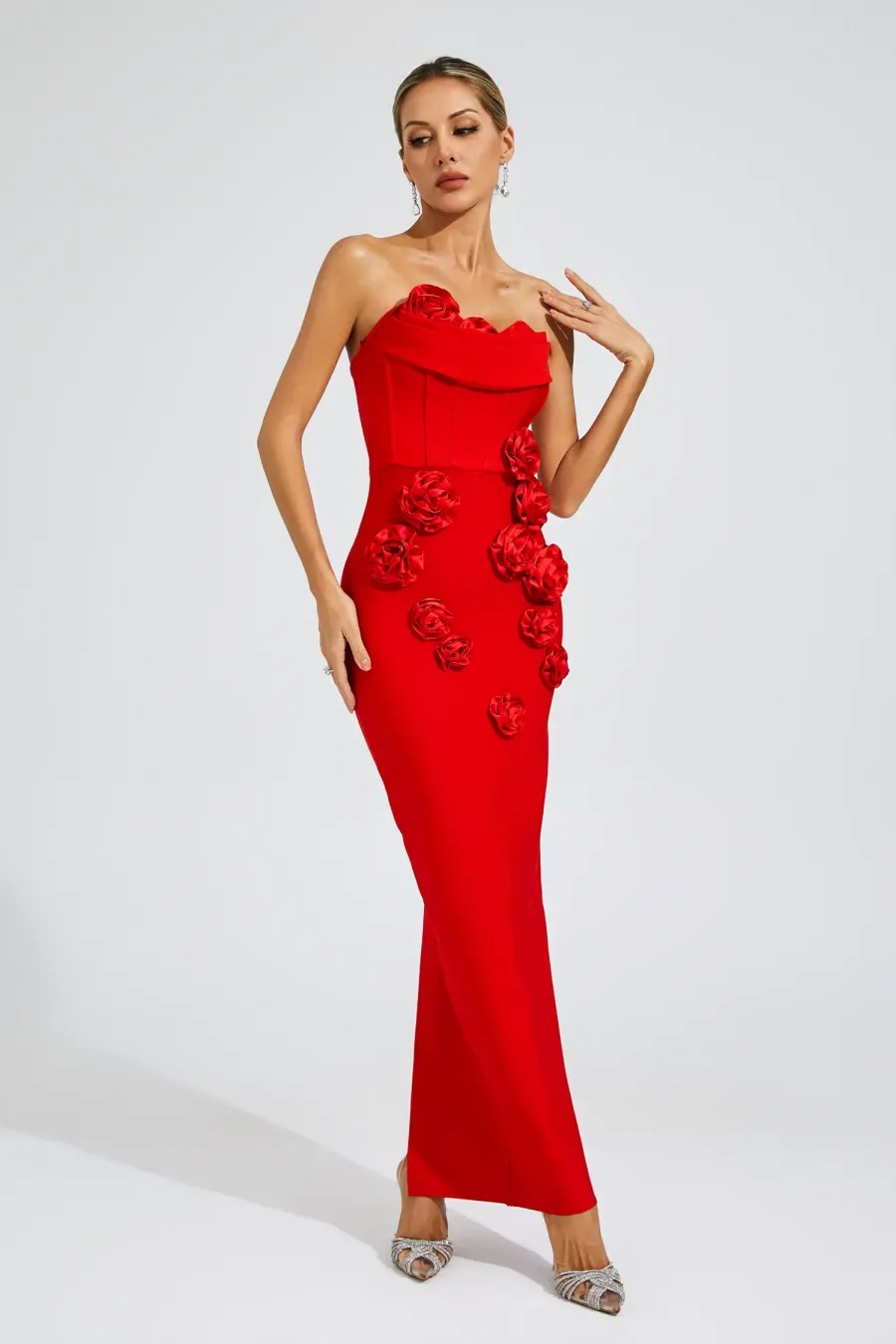 Red Strapless Sheath Gown with 3D Flower Appliques